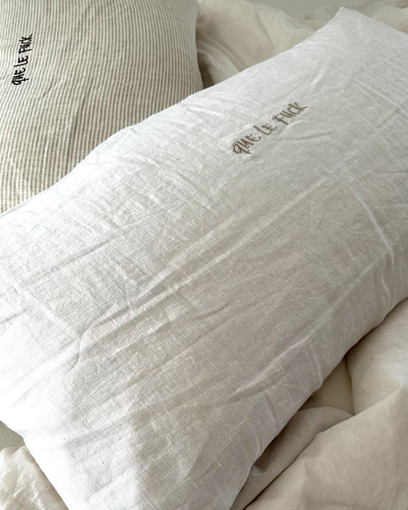 100% linen art cushion - que le fuck, white